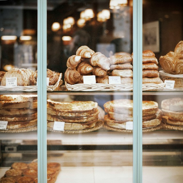 Pastries in a bakery display case