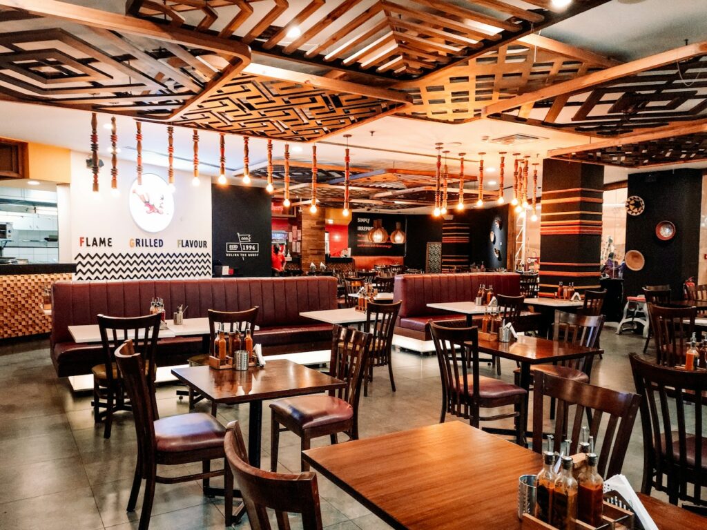Restaurant dining room with booths and tables